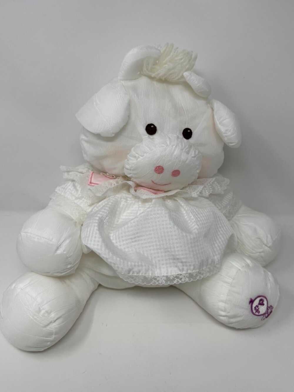Vintage 1986 Fisher Price Puffalump White Cow 16” Plush Pink Heart Lace Dress